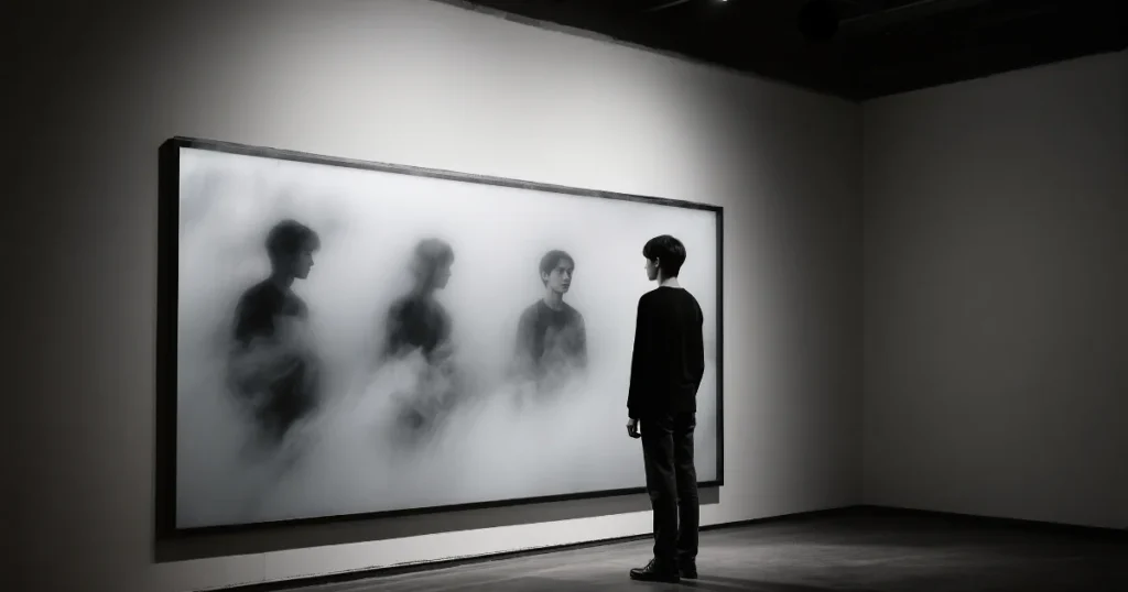 Eine nachdenkliche Person vor einem Spiegel, symbolisierend die notwendige Selbstreflexion, um manipulative Muster zu erkennen.