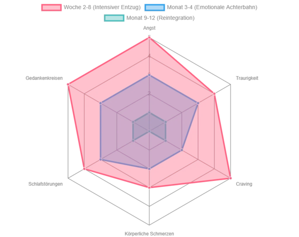 Radar-Diagramm illustriert die wahrgenommene Intensität verschiedener emotionaler und körperlicher Entzugssymptome in den kritischen Phasen nach dem Ende einer toxischen Beziehung